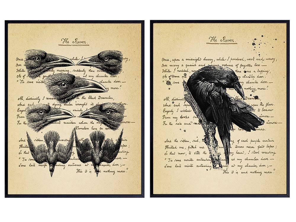Edgar Allan Poe Raven, Vintage Wall Art Decor Set - Rustic Goth Home, Apartment or Office Decoration for Living Room, Bedroom - Gift for Steampunk Fans - Set of 2-8x10 Photo Prints