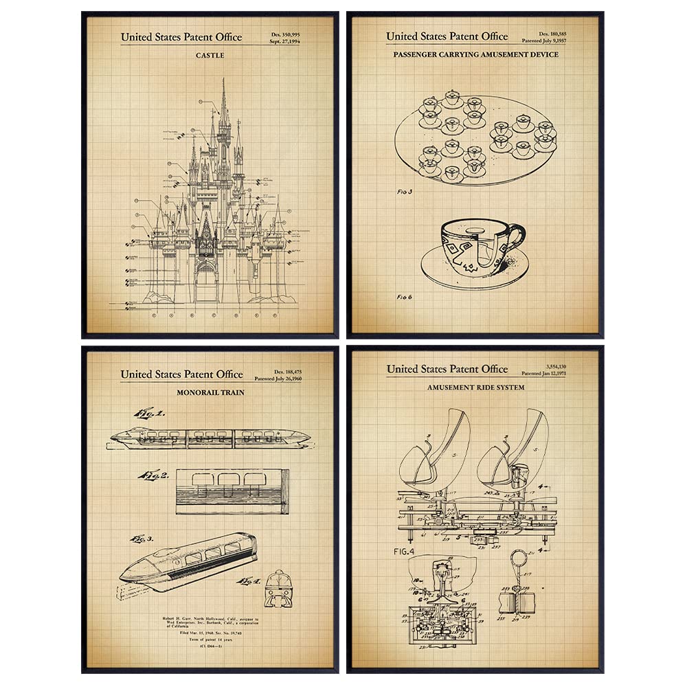 Rides Patent Art Prints - Vintage Wall Art Poster Set - Chic Rustic Home Decor for Boys, Girls, Teens, Kids Room - Gift for Mickey Fans, 8x10 Photos Unframed