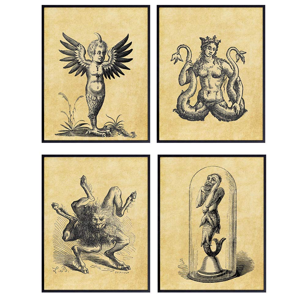 Vintage Goth Gothic Wall Art Prints - Mythical Creatures, Gargoyle Home Decor Poster Set- 8x10 Chic Home Decor for Man Cave, Rec Room, Bedroom, Living Room, Bar - Gift for Steampunk Fan
