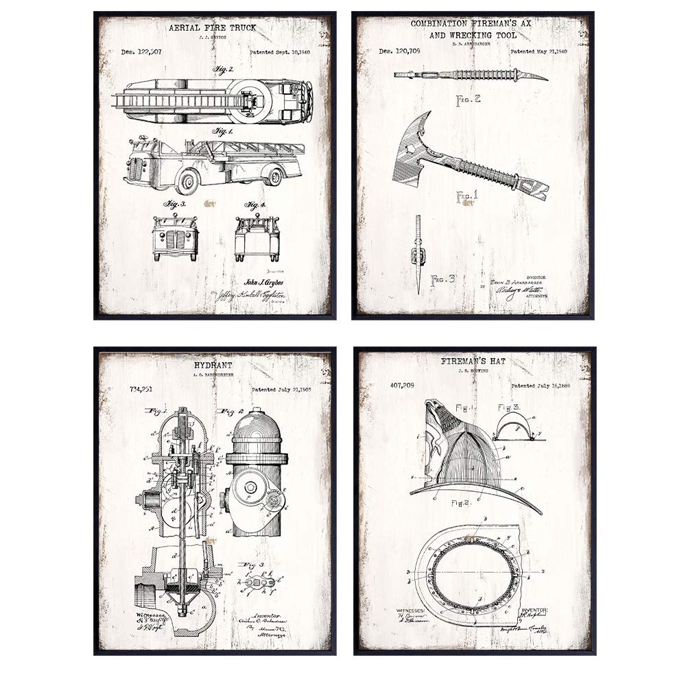 Original Firefighter Patent Print Wall Art Pictures Set - 8x10 Sign Photos for Station House, Living Room Home Decor - Rustic Vintage Gift for Firemen, Fireman, First Responder, EMS