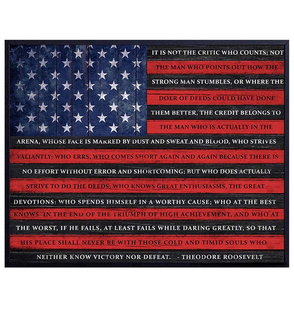 Patriotic Flag of Daring Greatly Teddy Roosevelt Quote - Motivational Inspirational Poster Print Wall Art - Sign Home Decor Print - Great Gift for Military Armed Services Veterans, Vets - 8x10