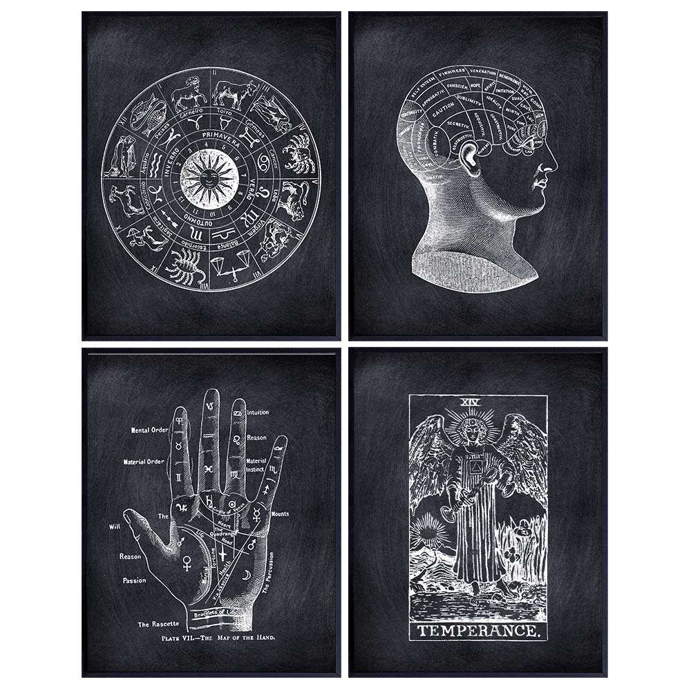 Zodiac, Tarot, Palmistry, Wicca, Wiccan, Astrology, Pagan Wall Art Decoration - Black Magic Goth Wall Decor - Gifts for Psychics - Mystical Arts Aesthetic Room Decor Set - Gothic Home Decor