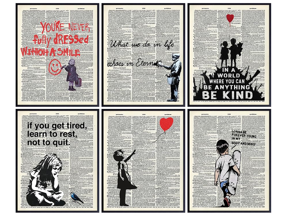 Banksy Wall Art Set - Inspirational Quotes Room Decor - Motivational Graffiti Street Art for Teens Bedroom, Living Room, Dorm - Set of 6-8x10 each Poster Picture Prints Home Decoration