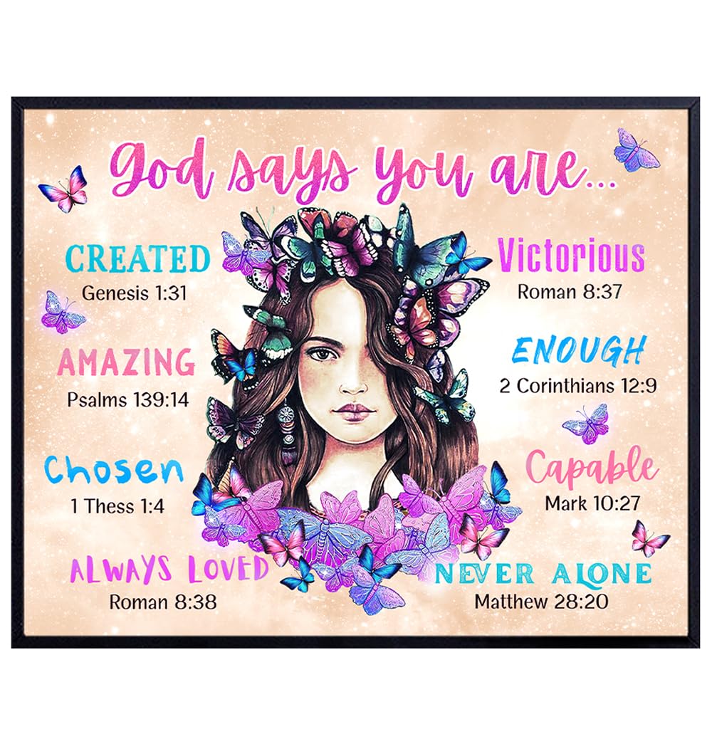 Teal Blue Wall Decor for Tweens - Light Purple and Pink Bible Verse Girls Room Decor for Teens Bedroom - God Says You Are Wall Art Christian Gifts - Religious Butterfly Decorations Wall Art for Girls