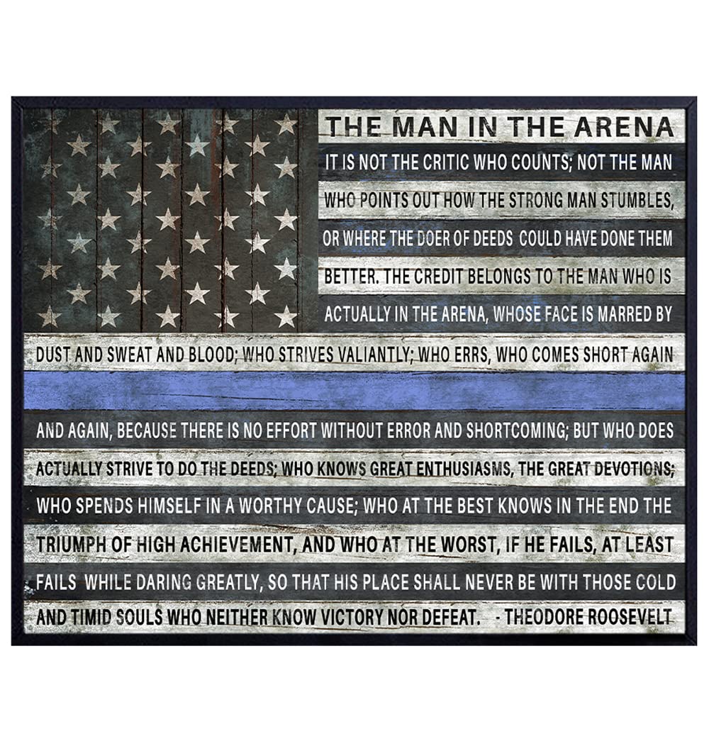 Police Officer, Law Enforcement Man in the Arena - Thin Blue Line American Flag - Home Decor for Cops - Inspirational Motivational Wall Art Room Decoration for Office, Den - Gift for First Responders