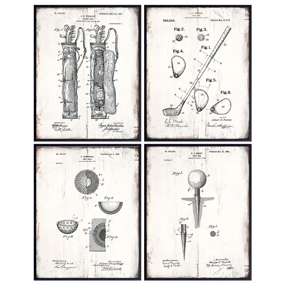 Golf Balls, Clubs, Tees, Bags Patent Print Wall Art - Rustic Room Decor for Office, Man Cave, Den, Living Room - Gift for Men, Teens, Guys, Golfing Sports Fan, Golfer - Sign Print Photo Plaque Set