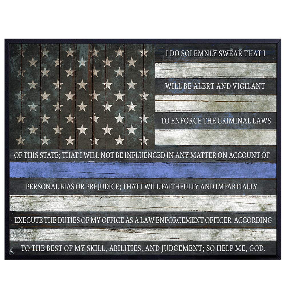 Police Officer Oath - Thin Blue Line Flag - Typography Art Print, Wall Art Poster - Unique Home Decor, Room Decoration for Office, Den - Gift for Cops, First Responders, Law Enforcement - 8x10 Photo
