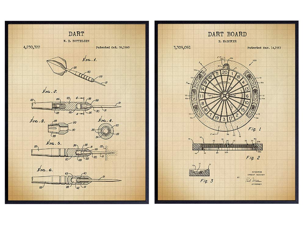 Dart Board Patent Art Prints - Vintage Wall Art Poster Set - Chic Rustic Home Decor for Bedroom, Living Room, Man Cave, Bathroom, Game, Rec, Family Room, Bar - Gift for Men - 8x10 Photo - Unframed