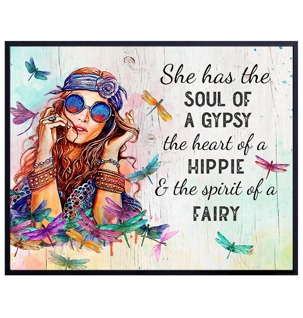 Boho-chic Home Decor - Hippie Room Decor - Boho Living room Decor - Inspirational Quotes Wall Art - Inspirational Gifts for Women Teen Girls - Hippy Room Decor - gypsy Fairy Dragonfly Poster 8x10
