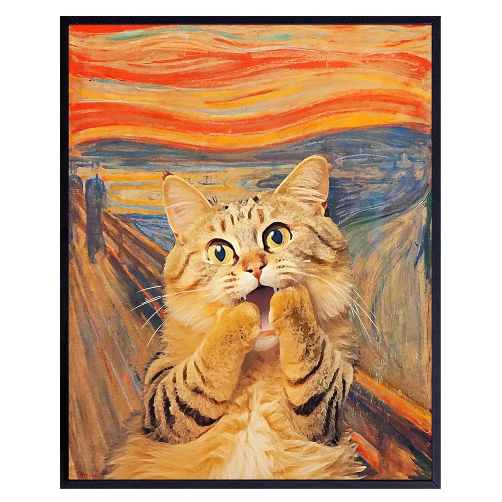 Edvard Munch Cat Wall Decor - The Scream Cat Decorations, Orange Cat Decor, Cat Room Decor - Tabby Cat Wall Art - funny Cat Stuff, Cat Themed Gifts for Cat Mom, Cat Dad, Cal Lover - Cute Cat Poster