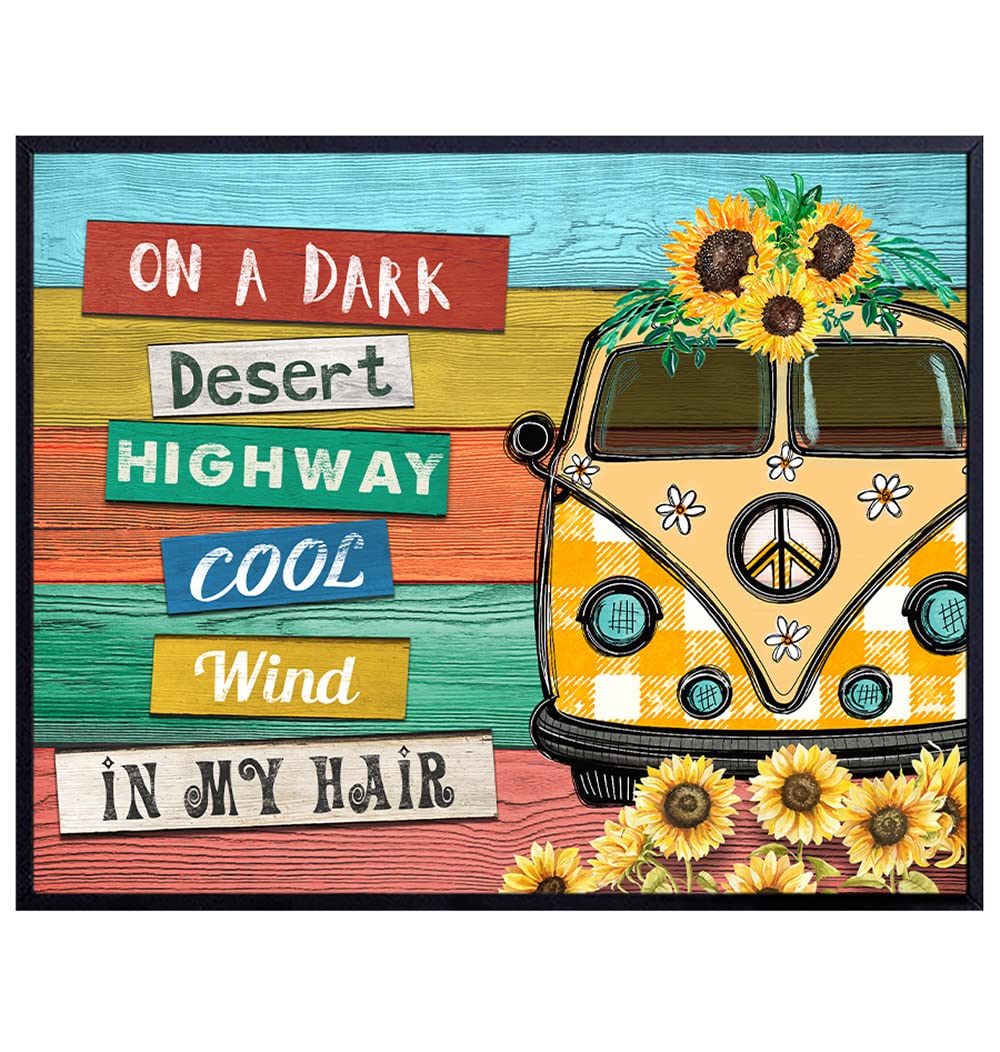 Boho Hippie Wall Decor - Positive Quotes Wall Art - Inspirational Gifts for Women - Sunflower Wall Art - Positive Sayings - Retro VW Bus 60s Wall Decor - Rustic Country Wall Decor - UNFRAMED 8x10