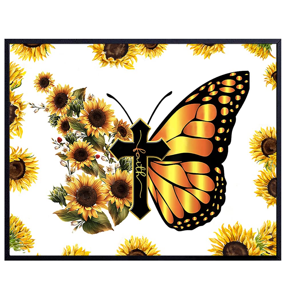 Cross Wall Decor - Christian Wall Decor - Spiritual Religious Gifts for Women - God Wall Decor - Sunflower Butterflies Wall Decor - Faith Wall Decor - Rustic Farmhouse Wall Art - Country Home Decor