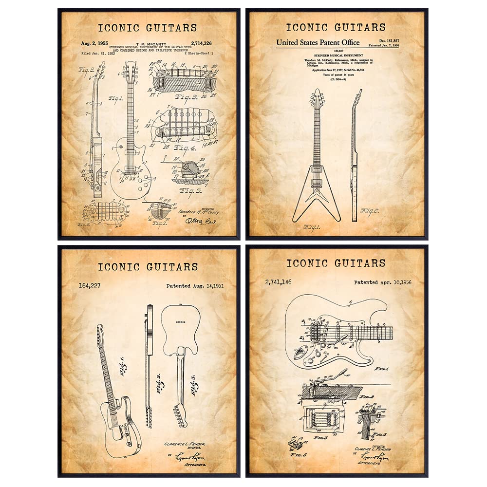 Guitar Patent Prints - Gift Set for Musician Fan, Includes Stratocaster, Telecaster - Original Vintage Wall Art Pictures - Home Decor for Bedroom, Living Room, Office, Dorm -8x10 Set - Unframed