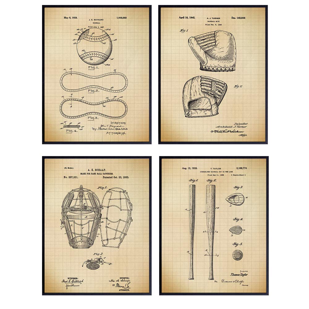 Baseball Patent Art Prints - Vintage Retro Wall Art Poster Set - Chic Contemporary Home Decor for Boys, Teens, Game, Kids Room, Den, Office - Great Gift for Men, Boys - Four 8x10 Photos - Unframed