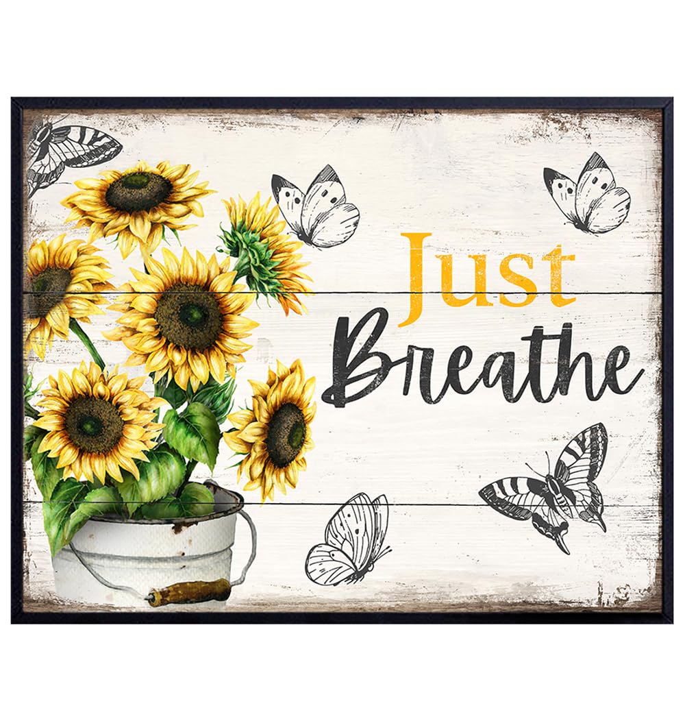 Inspirational Sunflower Wall Art 11x14 - Motivational Quotes Wall Decor - Encouragement Gifts for Women - Just Breathe Farmhouse Wall Art - Country Rustic Wall Art - Shabby chic Bedroom Wall Decor