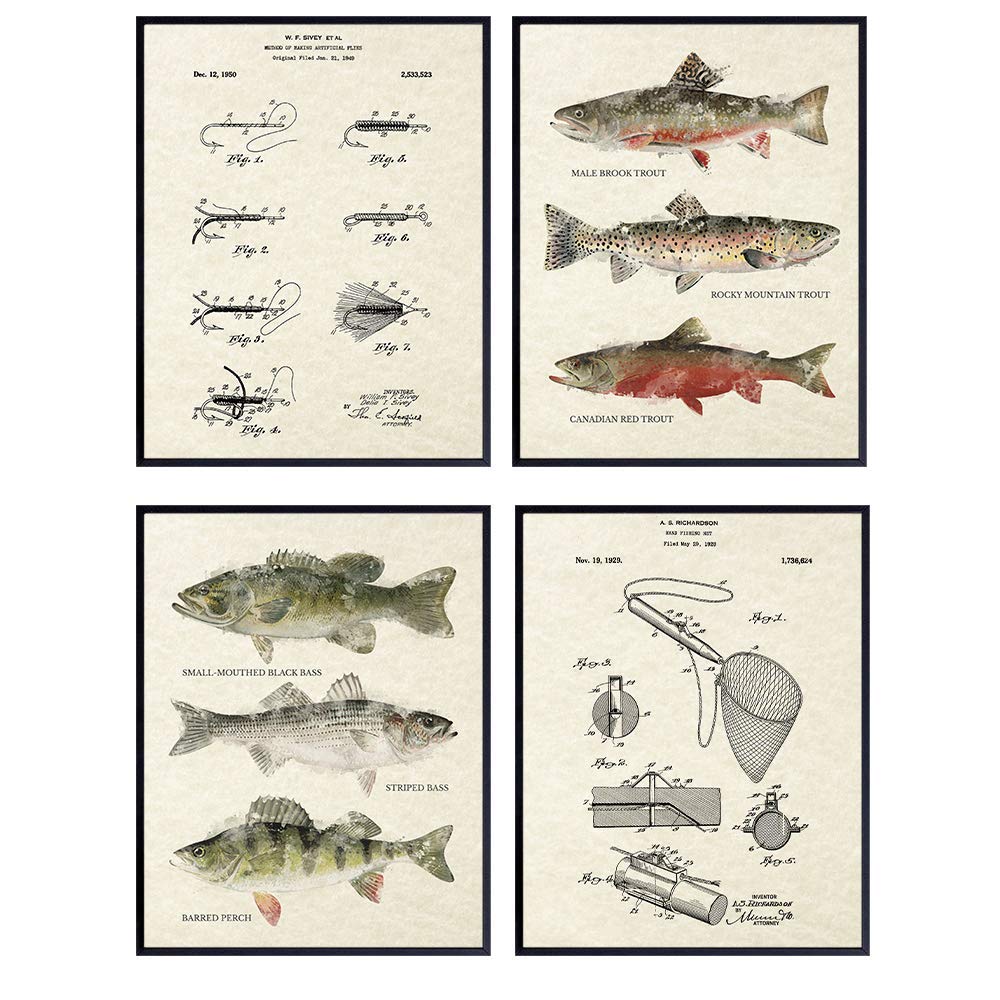 Fishing Wall Art - Trout and Fly Original Vintage Home Decor, Decoration Set for Lake House, Adirondack Mountain Cabin, Living Room, Office, Den, Bedroom - Unique Gift For Fishermen - 8X10 Prints