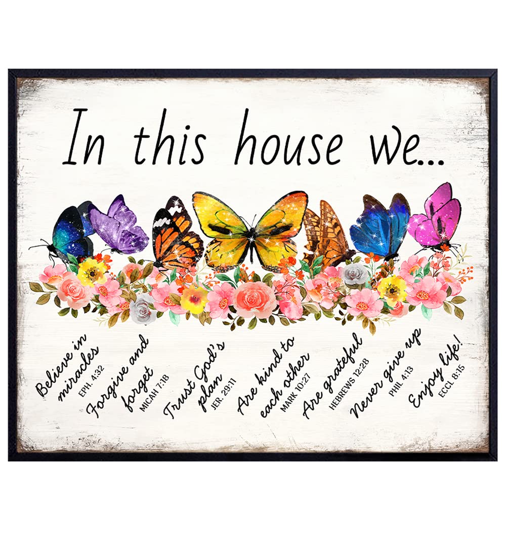 Scripture Inspiration Family Wall Art - Christian Spiritual Positive Inspirational Quotes - Religion Christianity Home Decor - Religious Gift for Woman - Shabby chic Butterflies - God Faith decoration