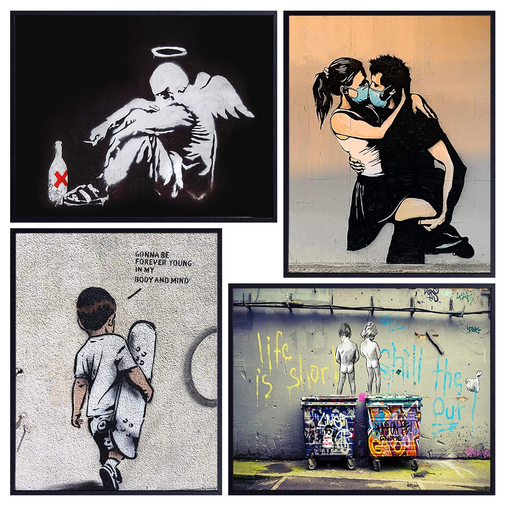 Banksy Posters Set - 8x10 Urban Graffiti Wall Art - Wall Mural Set - Mural Wall Art - Fallen Angel, Forever Young - Teen Room Decor - Dorm Wall Decor - Street Art Home Decorations