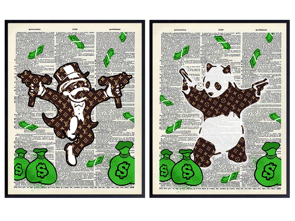Banksy Graffiti Wall Art Poster - 8x10 Shooting Panda, Monopoly Man Set - Fashion Urban Street Art Prints - Cool Wall Decor for Home - Room Decorations for Dorm, Office, Teens Bedroom - Unique Gift