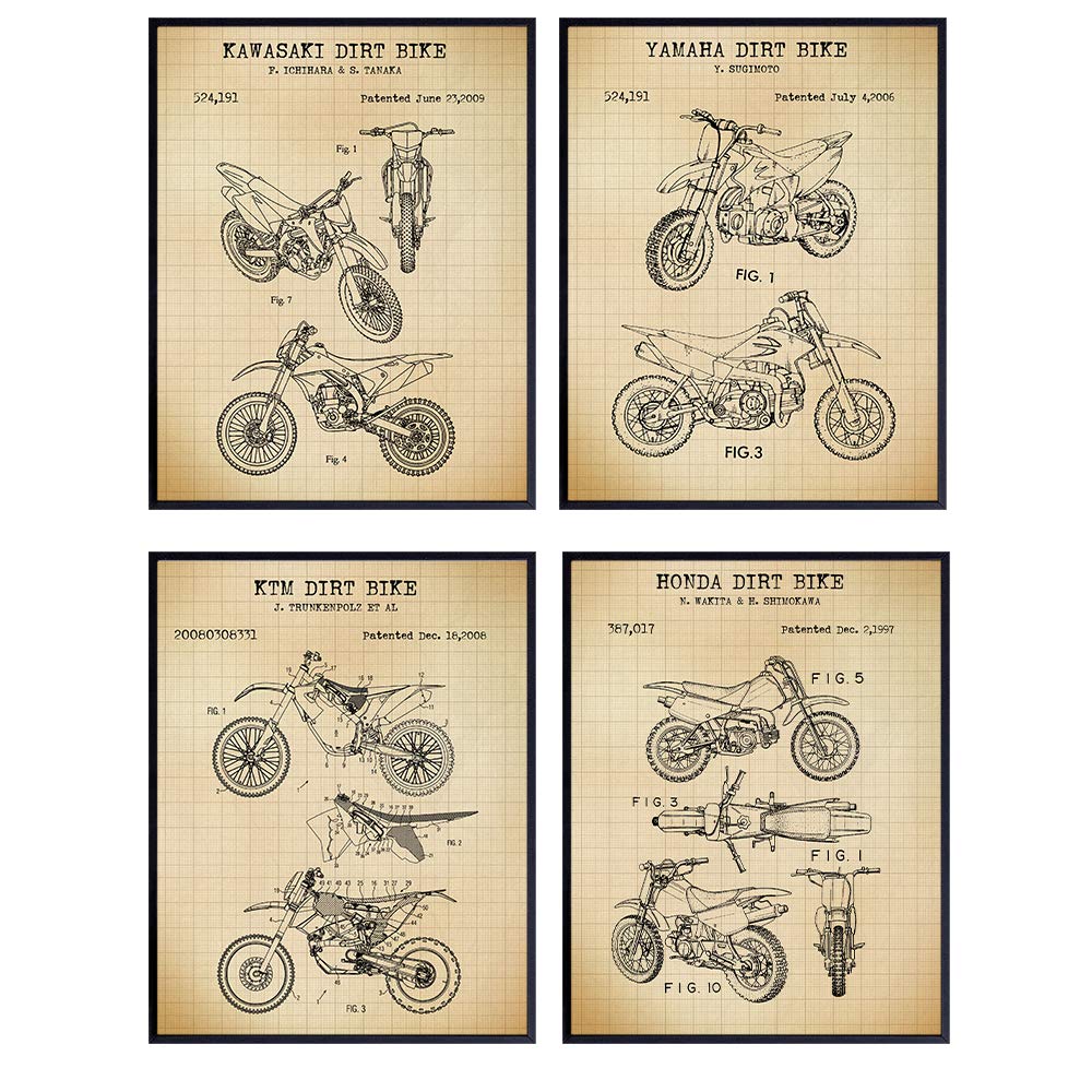 Motorcycle Dirt Bike Patent Art Prints - Vintage Wall Art Poster Set - Chic Rustic Home Decor for Man Cave, Boys, Kids, Teens Room, Office, Garage, Den - Gift for Dirtbike Fans - 8x10 Photo - Unframed