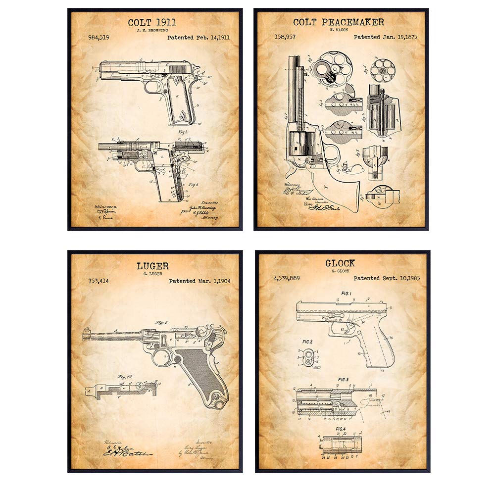 Famous Handgun Wall Art Patent Prints - Unframed Set of Four - Great Gift for Gun and Firearm Enthusiasts - Man Cave Home Decor - Ready to Frame (8x10) Vintage Hand Gun Photos