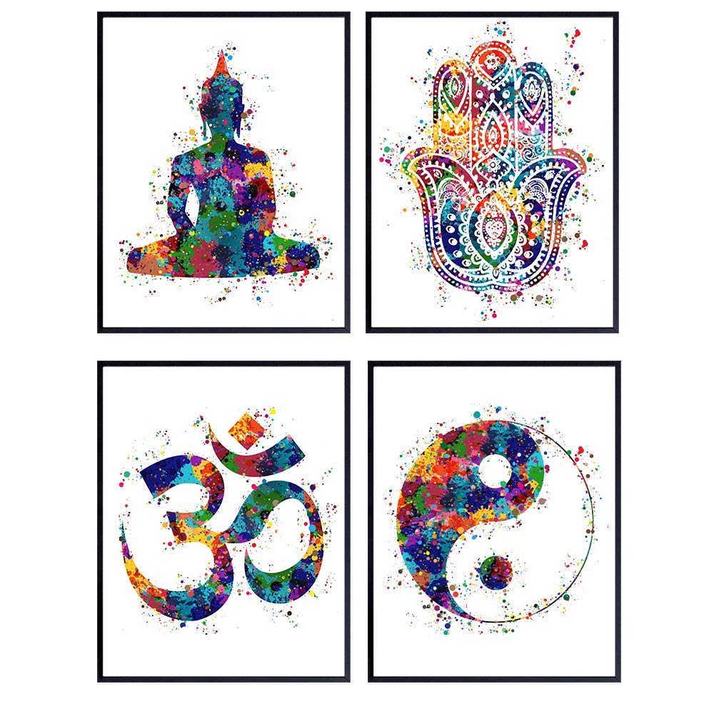 Meditation Zen Wall Art Prints - Unframed Set Of 4 - Buddha, Yin Yang, Om And Hamsa Fatima Hand - Chic Home Decor - Great Gift For Yoga Fans - Ready Frame (8x10) Watercolor Photos