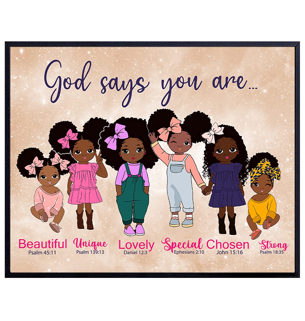 God Says You Are Wall Art - Christian Wall Decor for African American Girls - Scripture Wall Decor - Religious Gifts - God Wall Art - Black Girls Room Decor - Inspirational Uplifting Bible Verses