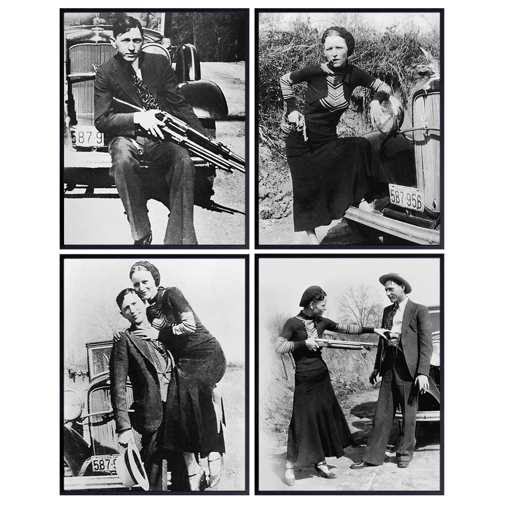 Bonnie and Clyde Vintage Wall Decor Photo Set of 4-8x10 Historic Outlaw, Bank Robber, Gangster Art for Bar, Man Cave, Bedroom, Living Room - Gift for Men, Boys, Teens, Historians, History Fans
