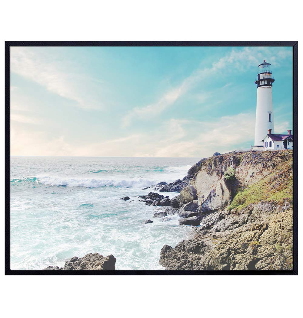 Lighthouse Decor - Coastal Wall Decor for Bathroom - Ocean Picture for Beach House - Seascape Wall Art - Nautical Wall Art - Unique Room Decoration or Gift - 8x10 Blue Sea Poster Print Photo