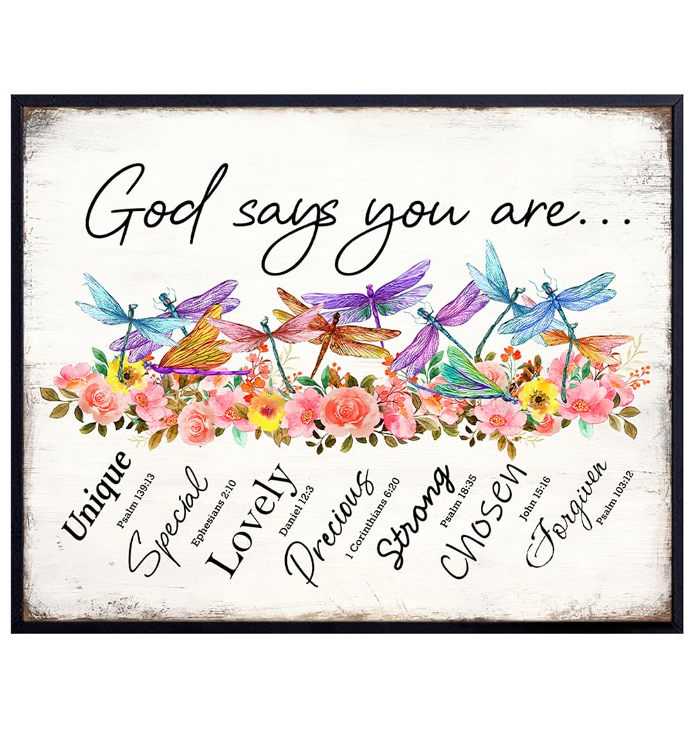 Bible Verse Inspirational Wall Art - positive Affirmations Religious Gifts for Women, Girls - Shabby chic Rustic Farmhouse Boho Bedroom Decor - Christian Wall Decor - Scripture Psalm God Says You Are