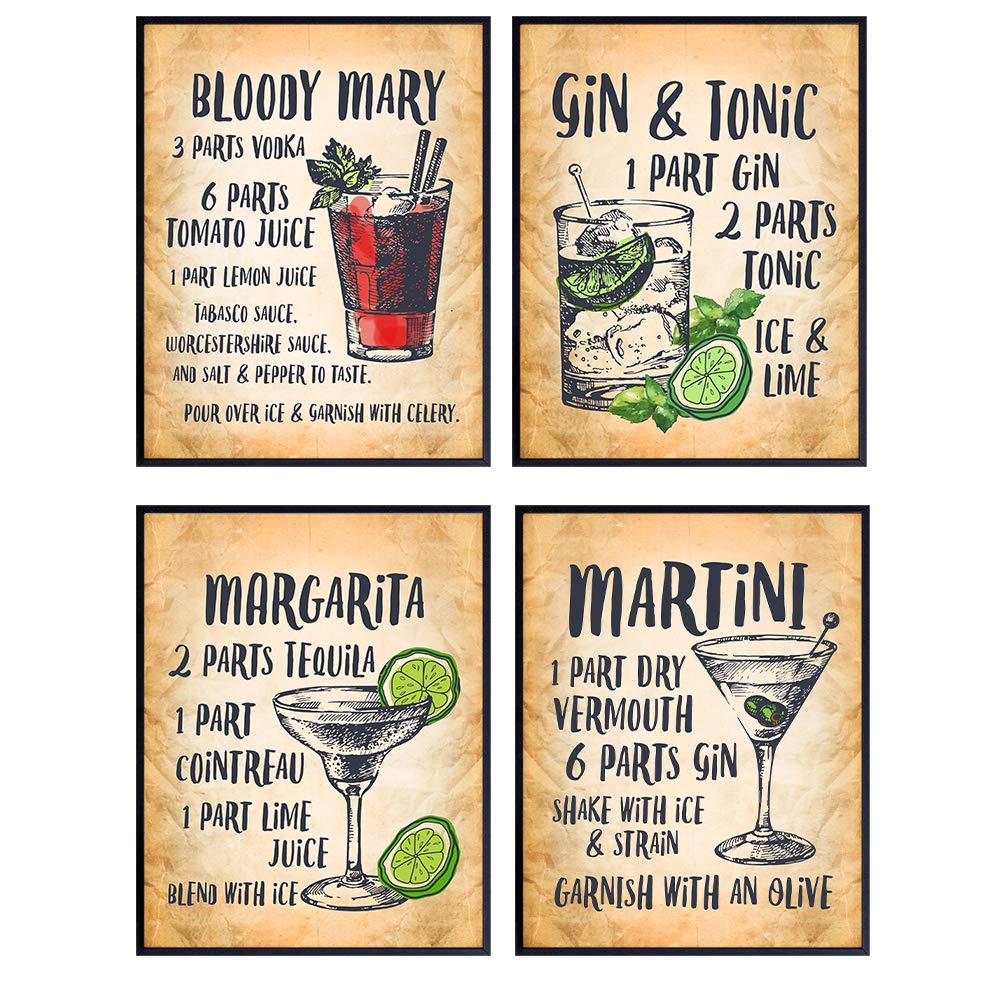 Cocktail Bar Decor Wall Art Poster Prints - Unique Home Decoration for Man Cave, Living Room, Den, Kitchen - Gift for Bartenders, Gin and Tonic, Martini, Bloody Mary, Margarita Fans, (Set of 4) 8x10