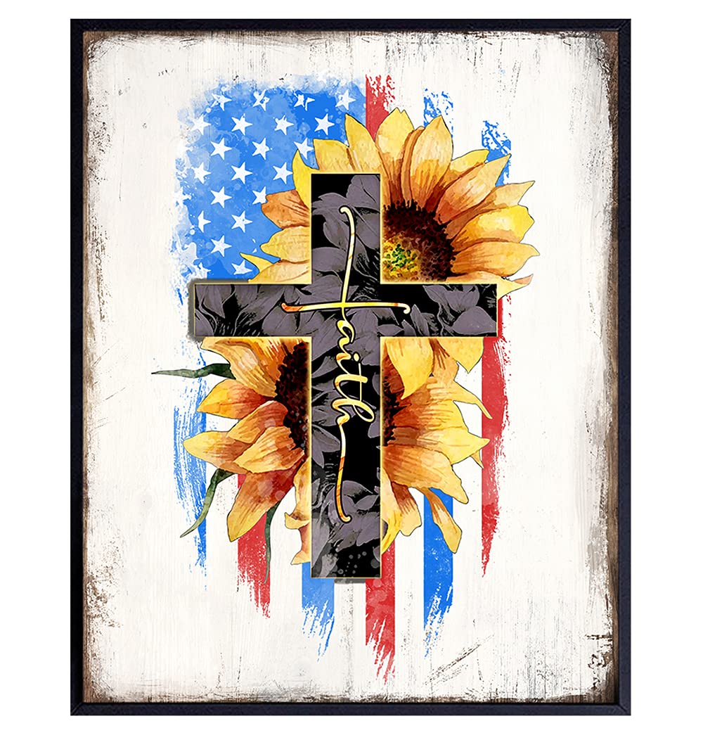 Cross Wall Decor - Religious Wall Decor - American Flag Wall Decor - Sunflower Decor - Patriotic Decor - Faith Wall Decor - Spiritual Christian Gifts for Men, Women - Church Decorations - God Wall Art