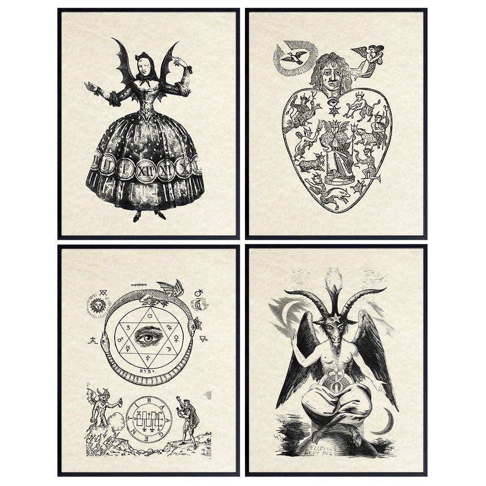 Goth Gothic Scary Monster Wall Art, Home Decor Set - Medieval Satan Witch Halloween Room Decorations - Creepy Weird Gift for Wiccan, Wicca, Witchcraft, Devil, Ouija, Black Magic, Horror Fans