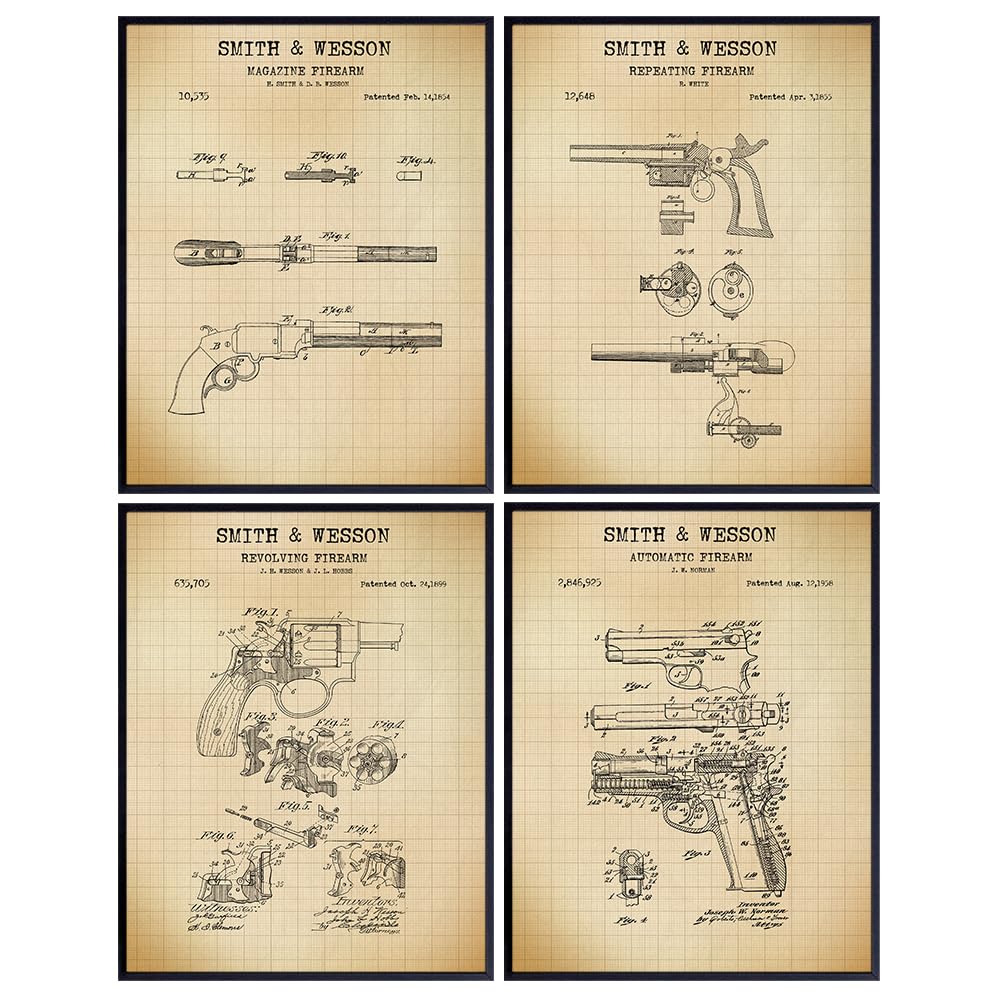 Smith &amp; Wesson Guns Patent Art Prints - Vintage Wall Art Poster Set - Rustic Home Decor for Man Cave, Office, Living, Rec, Game Room, Bar - Gift for Handgun, Firearms, 2nd Amendment, NRA Fans - 8x10