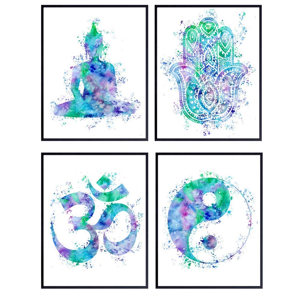 Buddha Art - Zen, Meditation, Yin Yang, Om, Hamsa Hand of Fatima - Inspirational New Age Decor for Wall, Home, Office, Studio, Apartment - Gift for Yoga Teacher, Instructor - 4 - Unframed 8x10 Posters