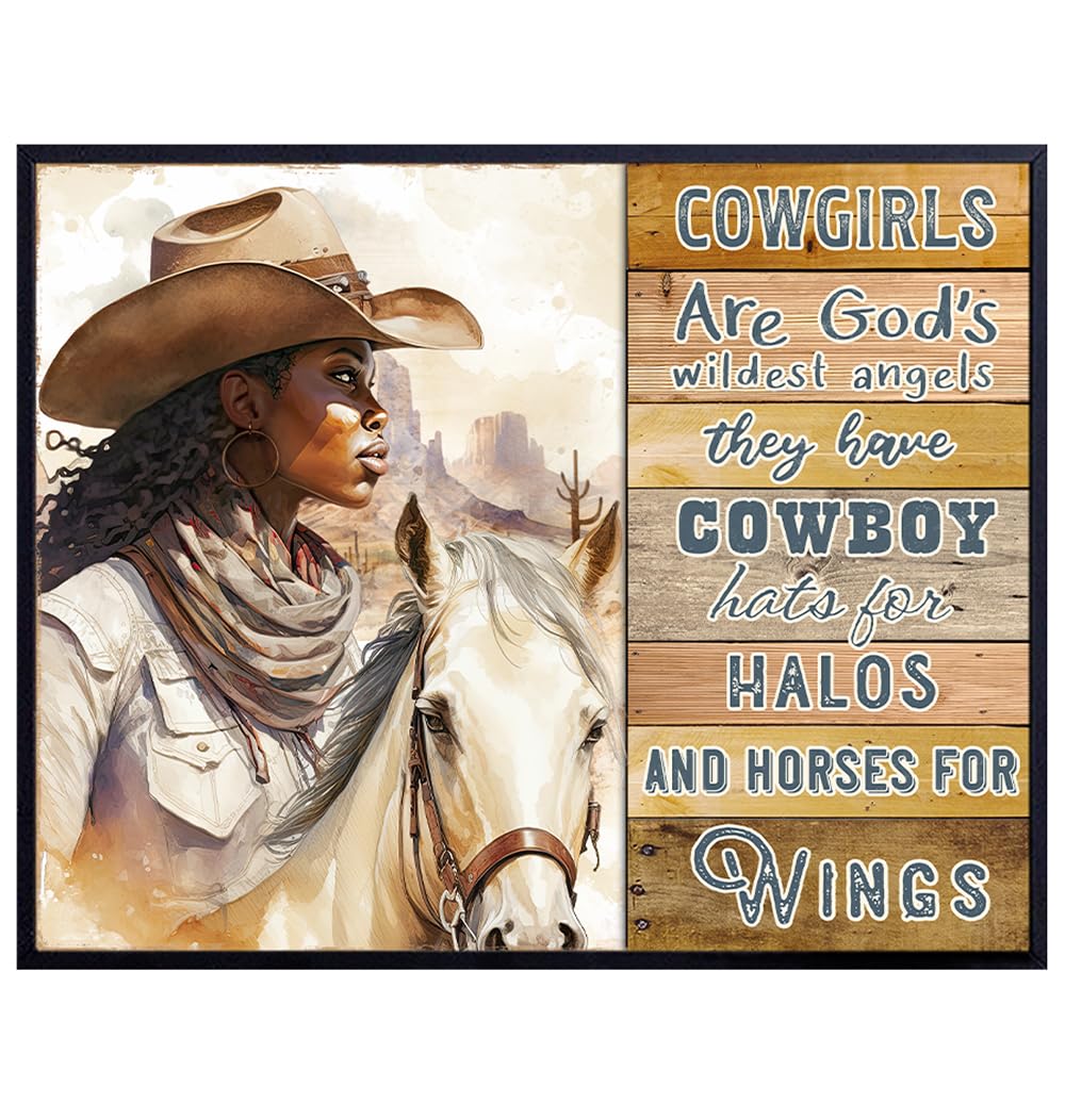 Western African American Wall Art - small Rustic Farmhouse Style Boho Wall Decor for African Americans, Black women Gifts, Black Girl Decor - Boho-chic Western Room Decor - Cowgirl Horse Wall Art