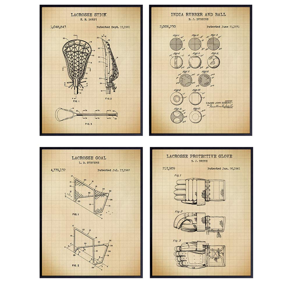 Lacrosse Patent Art Prints - Vintage Wall Art Poster Set - Chic Rustic Home Decor for Boys, Kids, Teens Room, Office, Man Cave, Dorm, Family or Game Room - Gift for Sports Fans - 8x10 Photo - Unframed