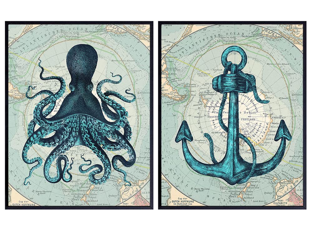 Yellowbird Art &amp; Design Nautical Decor - Beach Wall Art - Coastal Wall Decor - Ocean Wall Decor - Ocean octopus Wall Art - Sea Wall Art - Rustic Anchor Wall Art - Blue Beach Decorations 8x10 UNFRAMED