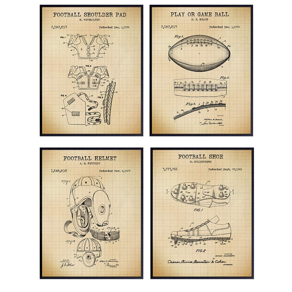 Football Patent Art Prints - Vintage Wall Art Poster Set - Chic Rustic Home Decor for Boys, Kids Teens Room, Family or Game Room, Office, Man Cave, Den - Gift for Football Players, Sports Fans - 8x10