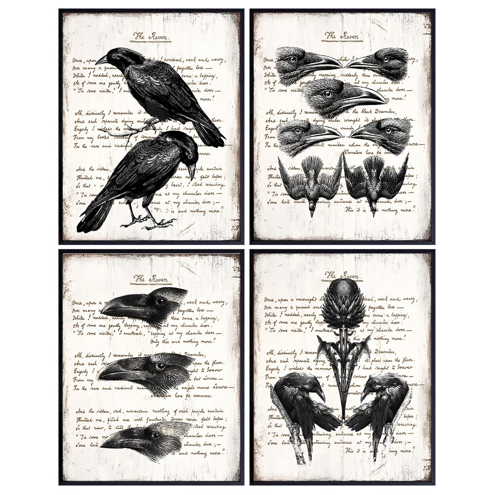 The Raven Edgar Allan Poe - Gothic Home Decor - Rustic Vintage Crow Home Decoration for Living Room, Office, Bedroom - Cool Unique Gift - Creepy Hipster Goth, Wicca, Wiccan, Occult Poster Print Set
