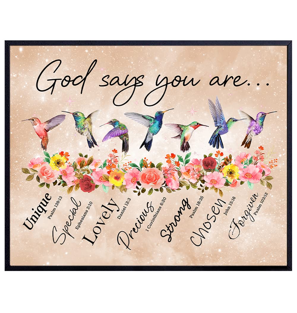 Scripture Wall Art - Christian Wall Decor - Religious Gifts for Women - Positive Affirmations - Psalms Bible Verses - Catholic Gifts - God Says You Are Inspirational Quotes Hummingbirds Poster 8x10