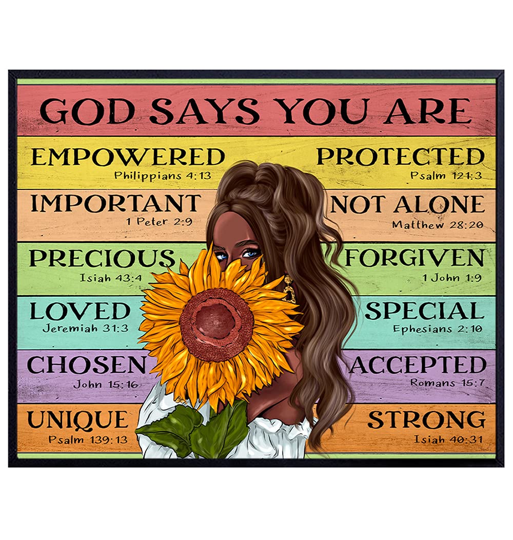 God Says You Are - African American Women - Black Wall Art - Religious Christian Scripture Encouragement Gifts - Inspirational Bible Verse Wall Art -Motivational Sunflower Decor for Black Girls, Teens