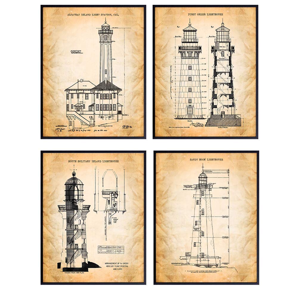 Rustic Nautical Lighthouse Wall Art - 8x10 Patent Print Decor for Beach House, Living Room, Bedroom - Historic Vintage Gift for Ocean, Sea, Fans - Retro Shabby Chic Unique Poster Set