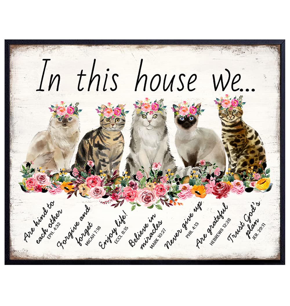 Family Wall Art - Inspirational Quotes Scripture Bible Verse Wall Art- Catholic Christian Gifts for Women - Religious Home Decor - Spiritual Wall Art - Positive Saying - God Poster - Cat Wall Art 8x10