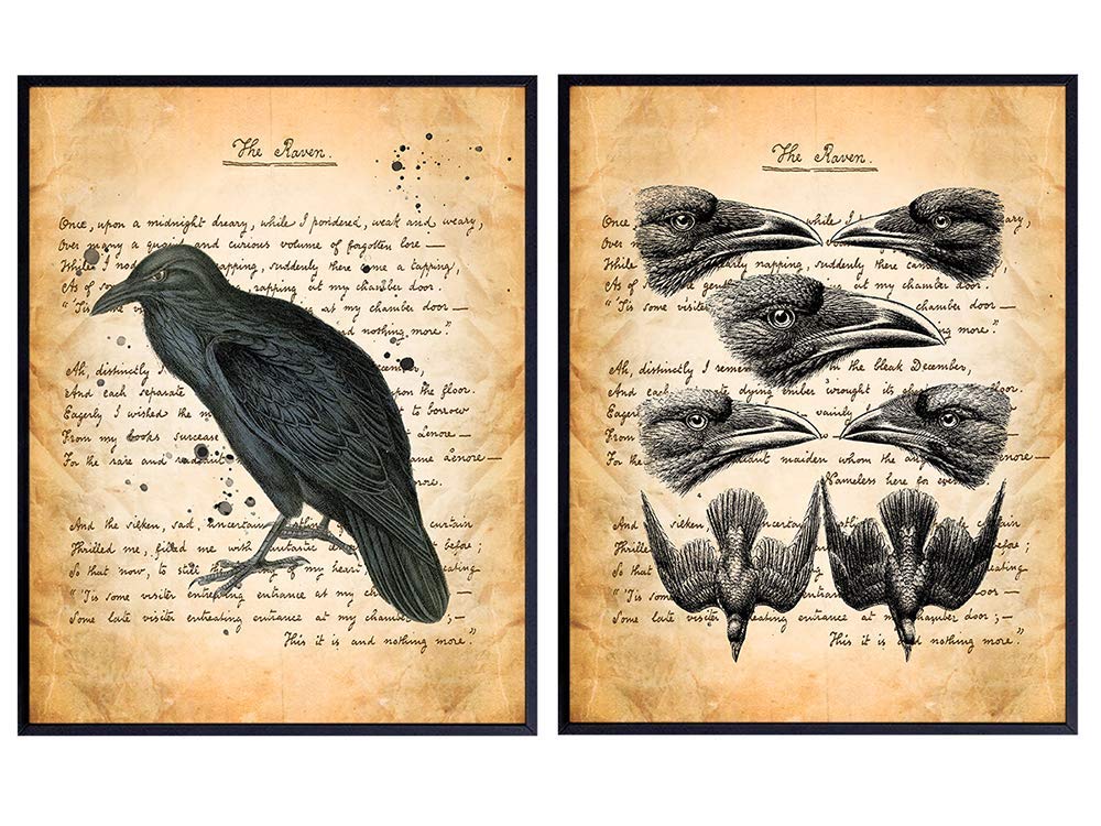 Vintage Goth Edger Allan Poe The Raven Poem Wall Art Set - Creepy Crow Decor, Home Decoration for Bathroom, Bedroom, Living Room, Office - Gift for Gothic Fans - 8x10 UNFRAMED Poster