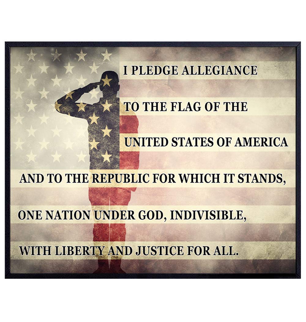 Patriotic USA Pledge of Allegiance, American Flag Wall Decor Art Print - Home, Office Decoration - Gift for Military Soldier, Veteran, Vet, Serviceman, Servicewoman, Army, Navy, Marine, Air Force