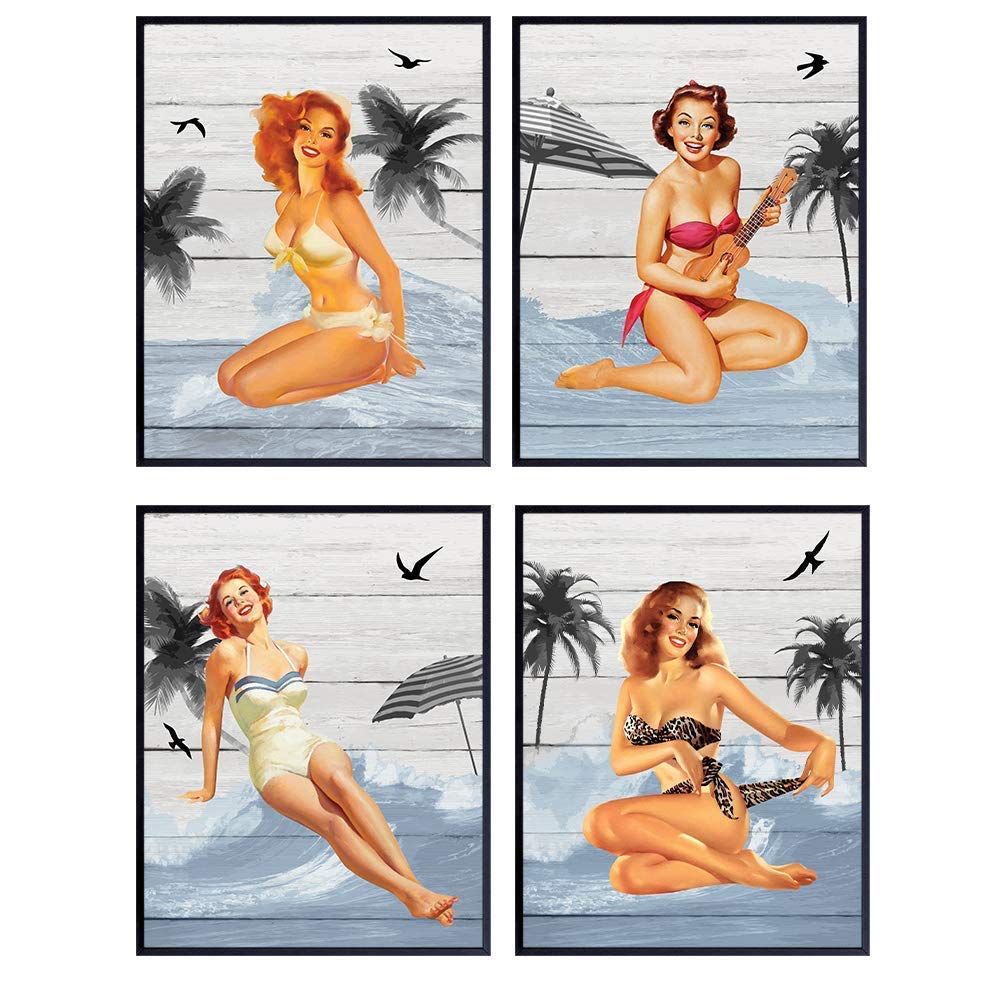 Beach Wall Decor Set for Living Room, Bedroom, Bathroom - Vintage 1950s Retro Ocean, Sea, Nautical Style Gift - Pinup Girl Art - 8x10 UNFRAMED Decoration