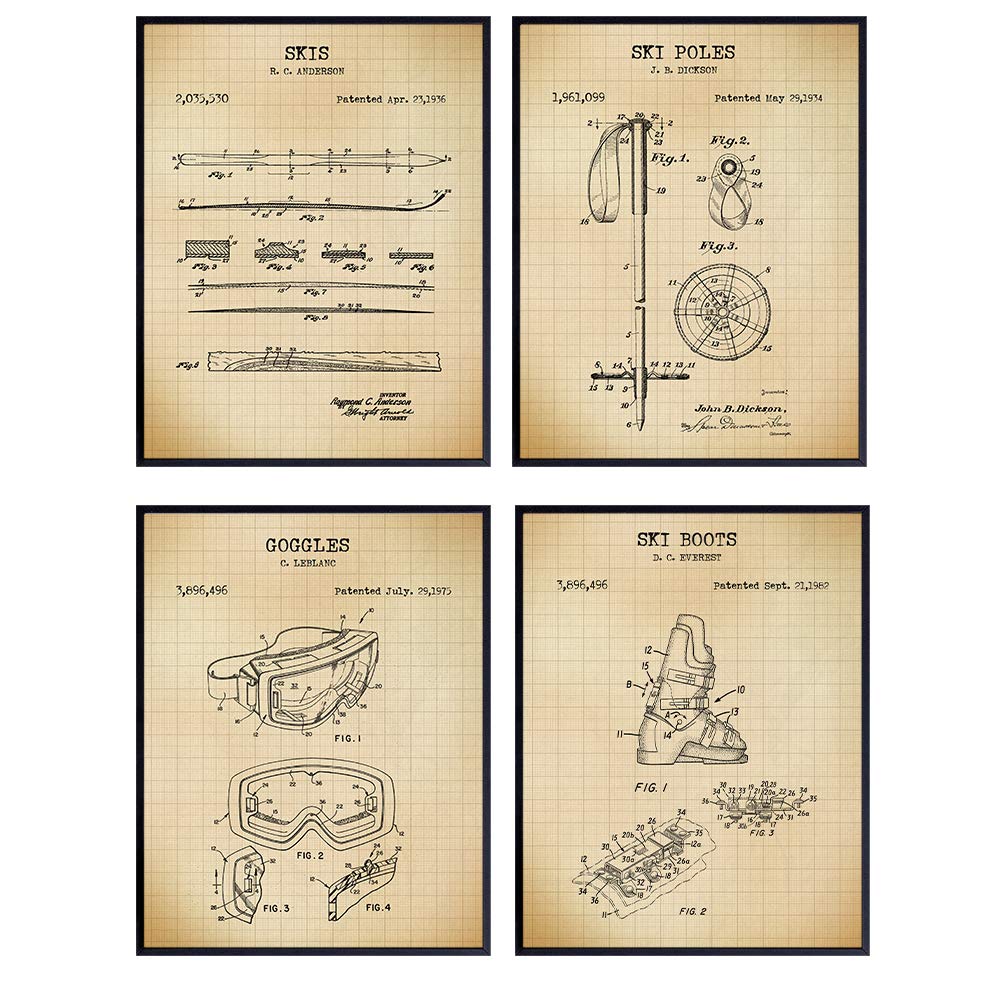 Skiing Patent Prints - Vintage Ski Wall Art Poster Set - Chic Rustic Home Decor for Kids, Boys, Girls or Teens Room, Rec or Family Room, Man Cave, Living Room - Gift for Skiers - 8x10 Unframed Photos