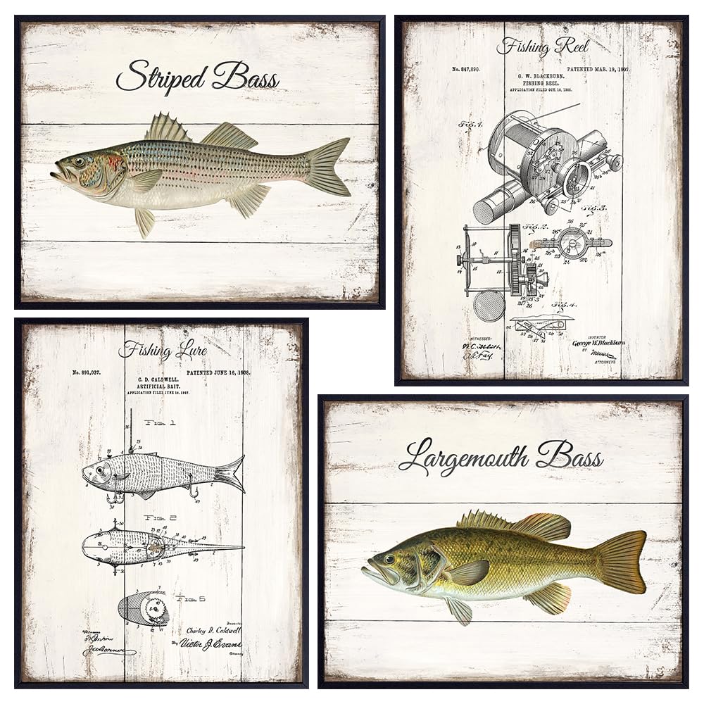 Vintage Fish Patent Prints 11x14 - Rustic Man cave Decor - Fisherman Gifts for Men - Fishing Art Poster - Fish Wall Art Decorations - Fish Decor - Bass, Reel, Lure Wall Art - Lake, River Pictures