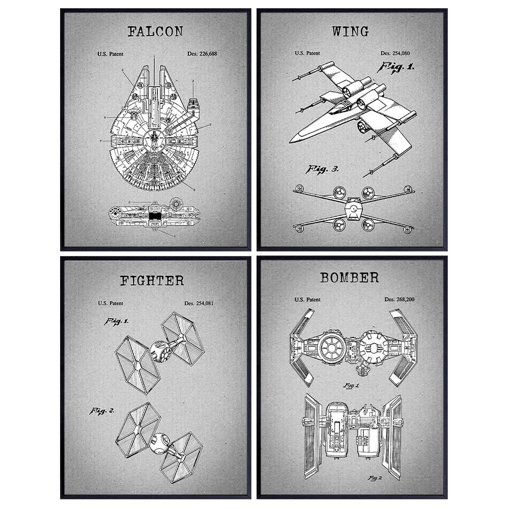 Patent Art Prints - Vintage Wall Art Poster Set - Chic Rustic Home Decor for Family, Rec, Game Room, Man Cave - Gift for Starwars Millenium Falcon, Tie Fighter Fans, 8x10 Photos Unframed